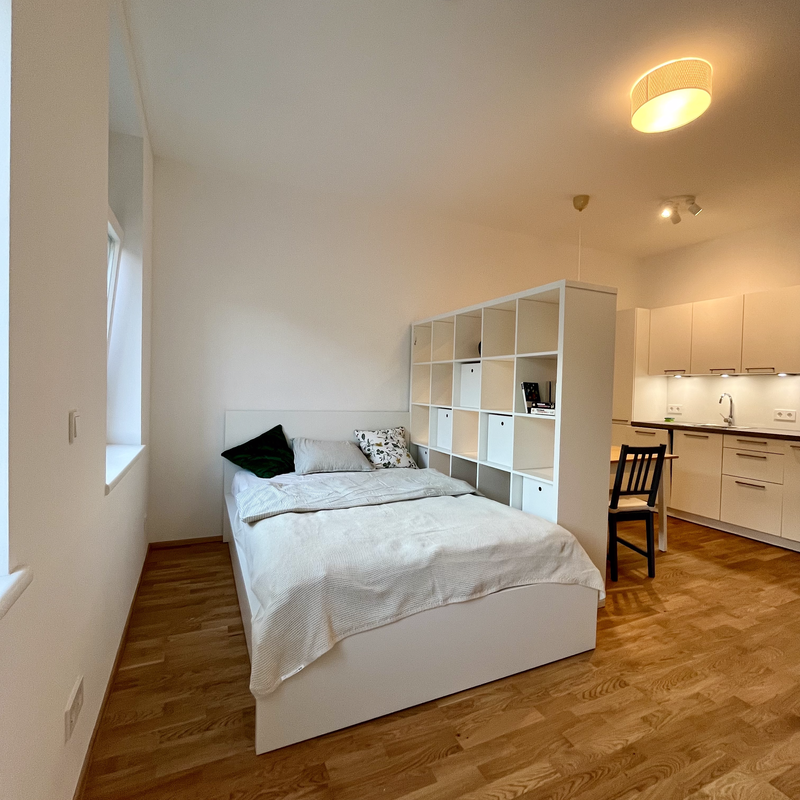 Bright studio with kitchenette & room divider – 1-room apartment for short-term rental, temporary housing in Vienna, 1 to 6 months.
