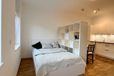 Bright studio with kitchenette & room divider – 1-room apartment for short-term rental, temporary housing in Vienna, 1 to 6 months.