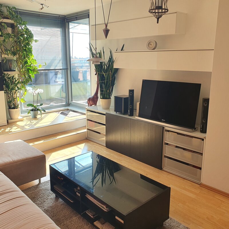 Helles Wohnzimmer mit TV & Pflanzen – 2-Zimmer-Wohnung zur Kurzzeitmiete, Wohnen auf Zeit für 1 bis 6 Monate in Wien