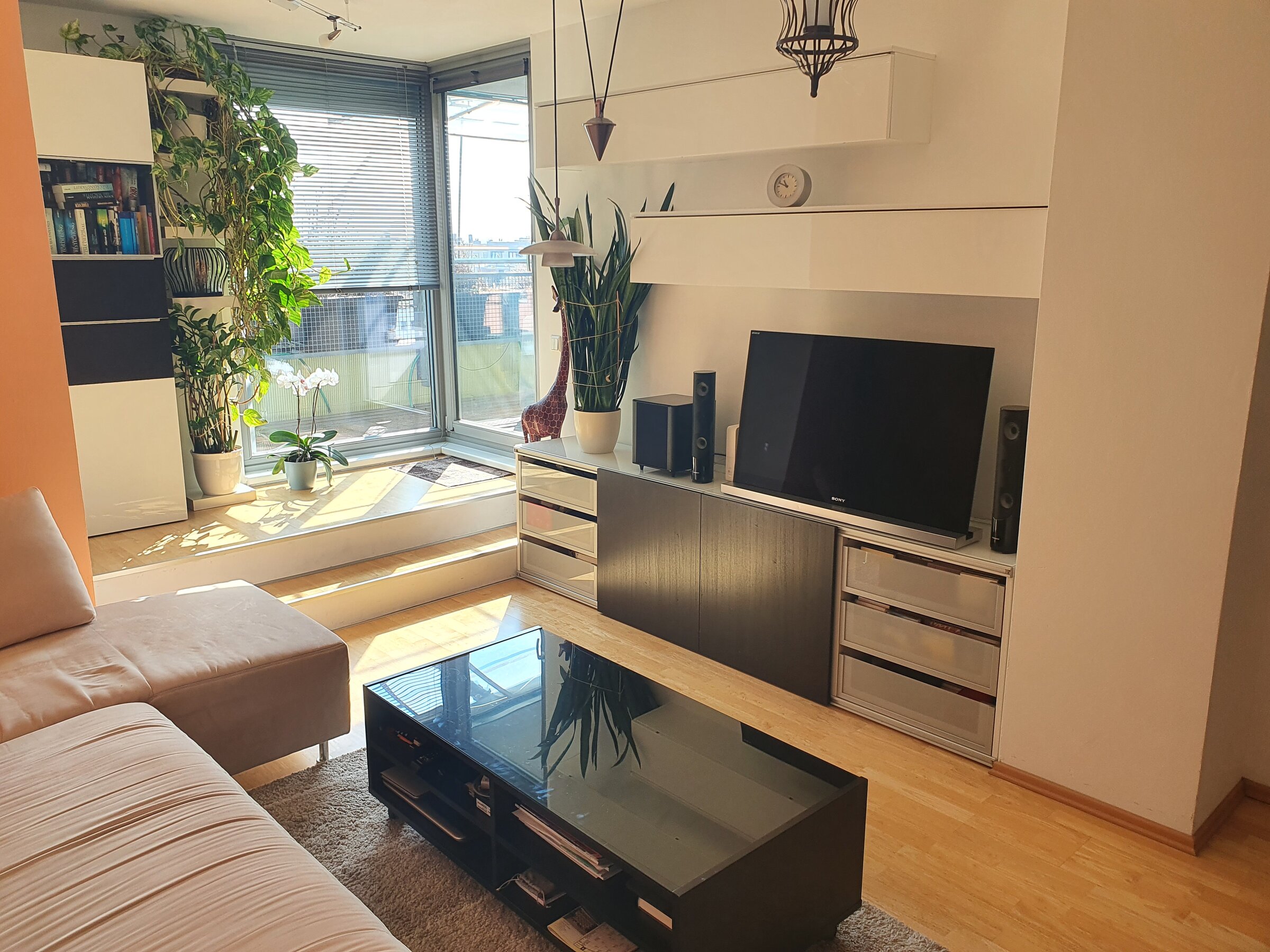 Helles Wohnzimmer mit TV & Pflanzen – 2-Zimmer-Wohnung zur Kurzzeitmiete, Wohnen auf Zeit für 1 bis 6 Monate in Wien