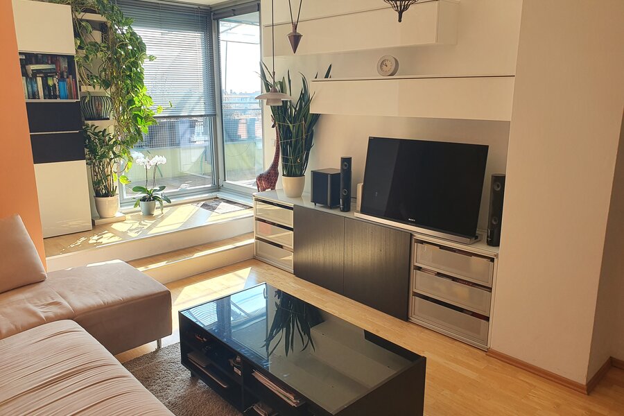 Helles Wohnzimmer mit TV & Pflanzen – 2-Zimmer-Wohnung zur Kurzzeitmiete, Wohnen auf Zeit für 1 bis 6 Monate in Wien