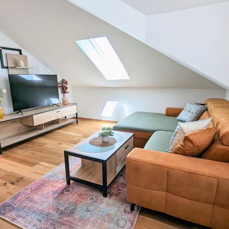 Bright living room with skylight & sloped ceiling – 2-room apartment for short-term rental & temporary housing for 1 to 6 months in Braunau am Inn