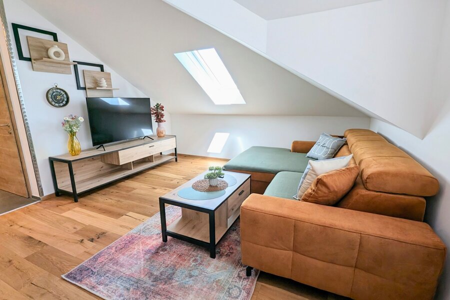 Bright living room with skylight & sloped ceiling – 2-room apartment for short-term rental & temporary housing for 1 to 6 months in Braunau am Inn