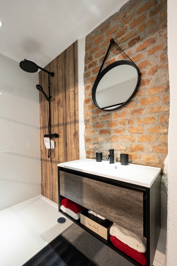 Loft-style bathroom with spacious rain shower and view into the living/sleeping area  | © @wolfistraunseeblick