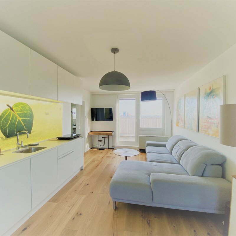 Open living area with modern kitchen – 2-room apartment, short-term rental, temporary housing for 1 to 6 months, Vienna