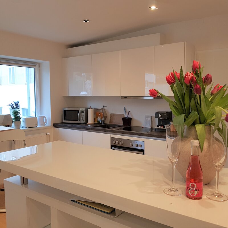 Bright kitchen with island & tulips: 1-room apartment for short-term rental & temporary housing for 1 to 6 months in Vienna