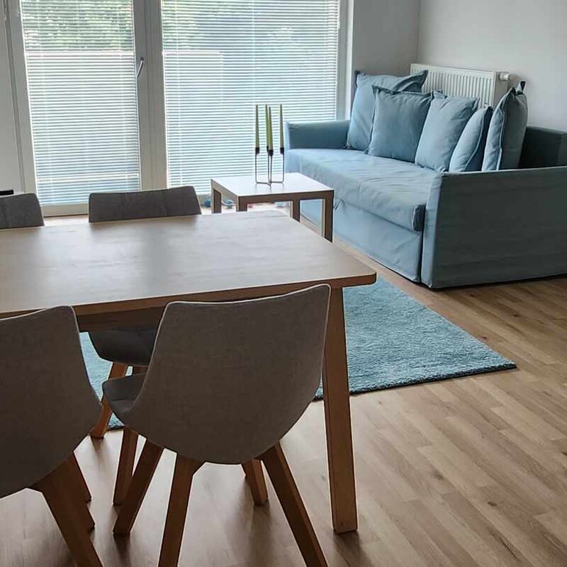 Bright living & dining area with sofa – 2-room apartment for short-term rental & temporary housing for 1 to 6 months in Vienna