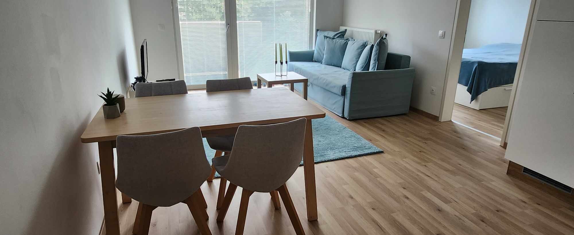 Bright living & dining area with sofa – 2-room apartment for short-term rental & temporary housing for 1 to 6 months in Vienna