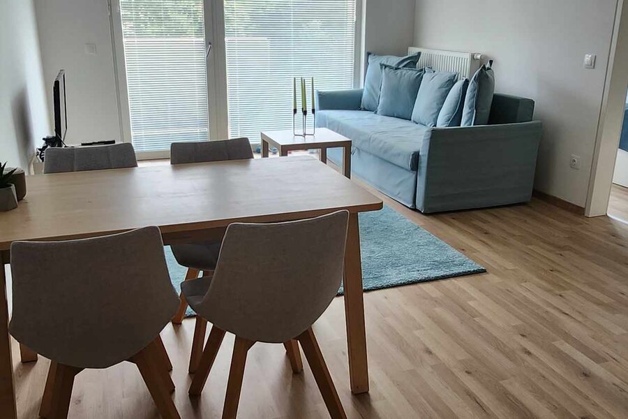 Bright living & dining area with sofa – 2-room apartment for short-term rental & temporary housing for 1 to 6 months in Vienna