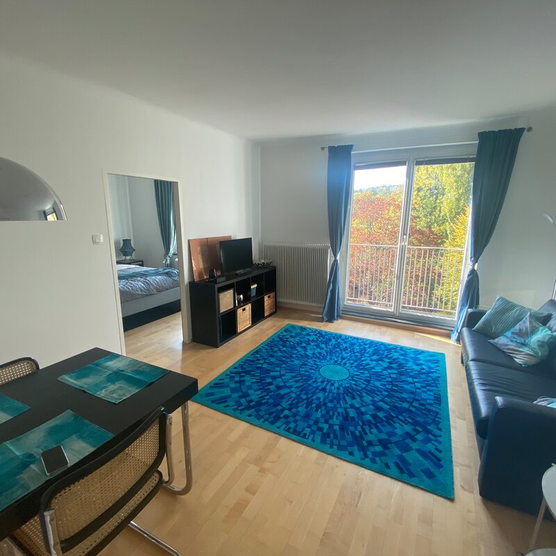 Wohnzimmer mit Couch, TV und Esstisch