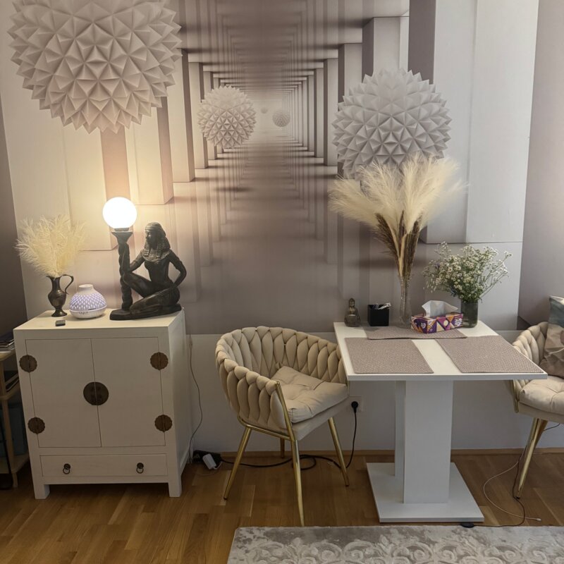 Stylishly furnished living area with 3D wall mural – 1-room apartment for short-term rental & temporary housing for 1 to 6 months in Linz