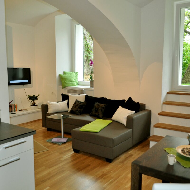 Helles 1-Zimmer Apartment mit Gewölbedecke & Parkblick – Kurzzeitmiete Graz, Wohnen auf Zeit für 1 bis 6 Monate.