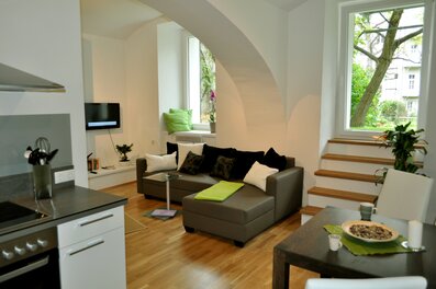 Helles 1-Zimmer Apartment mit Gewölbedecke & Parkblick – Kurzzeitmiete Graz, Wohnen auf Zeit für 1 bis 6 Monate.