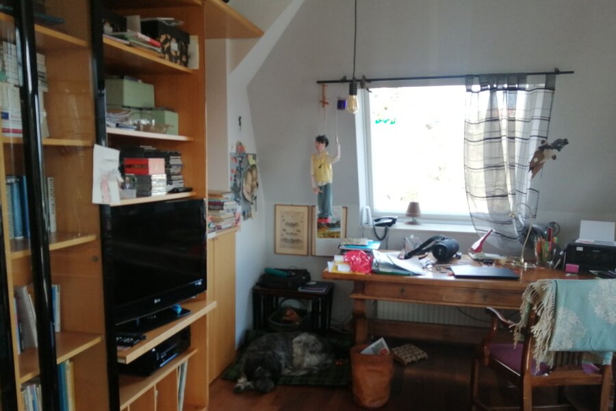 Wohnzimmer mit großem Schreibtisch und Wandverbau | © Elisabeth Faber