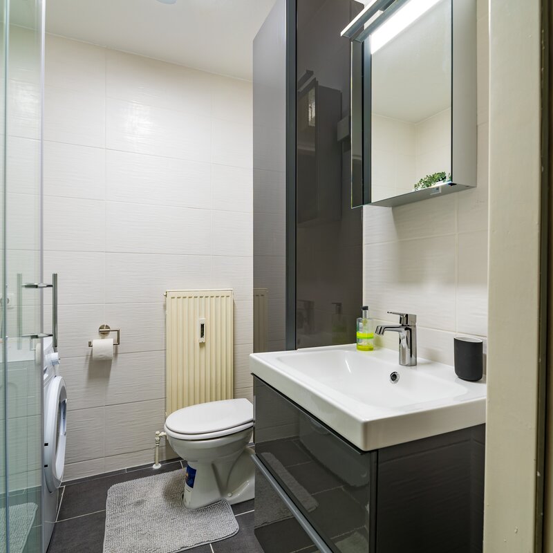 The bathroom is equipped with a glass shower, WC, mirror cabinet, washbasin and a washer-dryer.