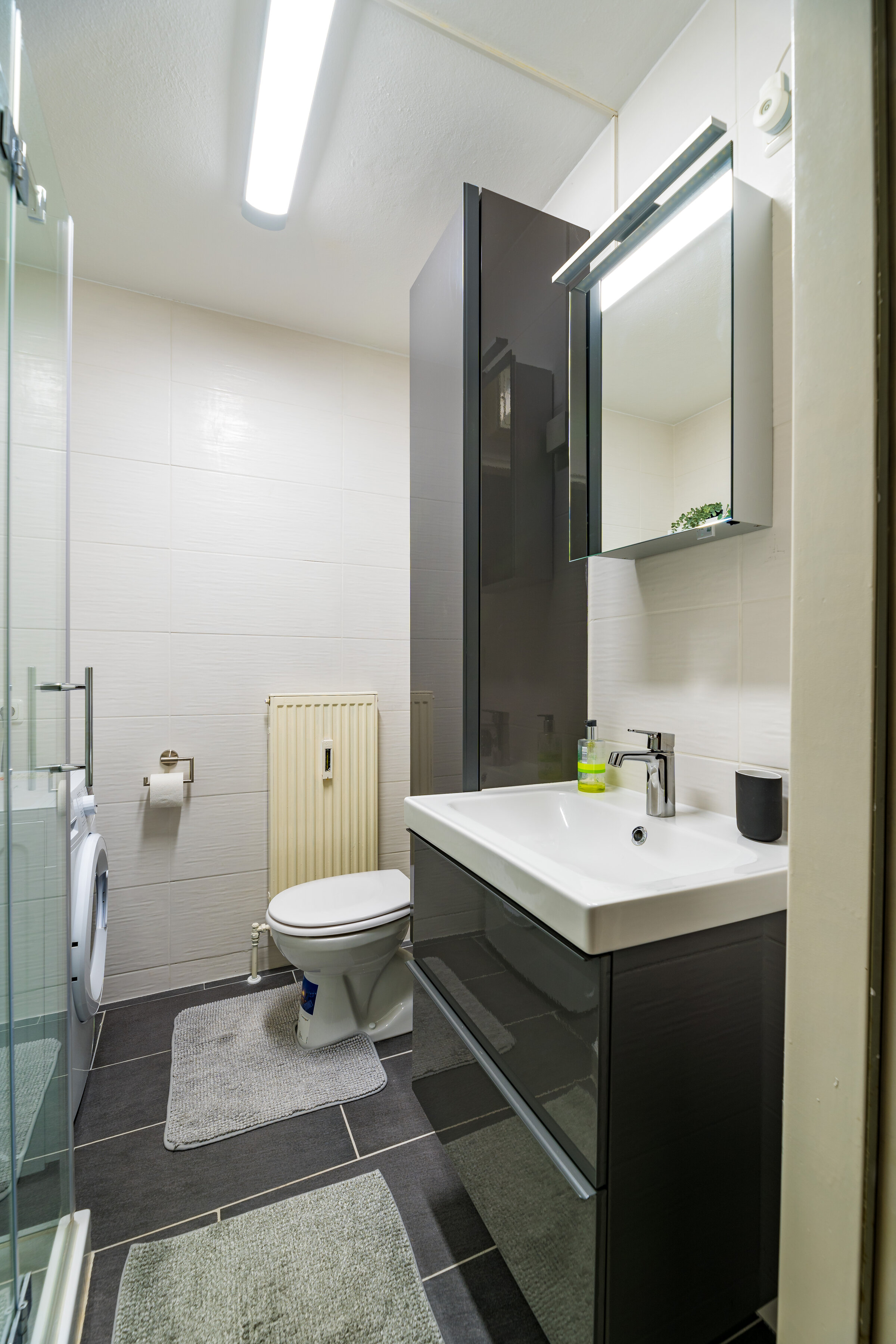 The bathroom is equipped with a glass shower, WC, mirror cabinet, washbasin and a washer-dryer.