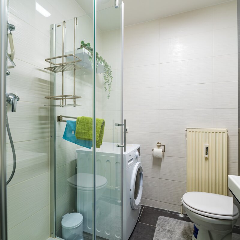 The bathroom is equipped with a glass shower, WC, mirror cabinet, washbasin and a washer-dryer.