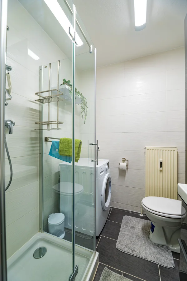 Das Badezimmer ist mit einer gläsernen Dusche, WC, Spiegelschrank, Waschbecken sowie einem Waschtrockner ausgestattet.