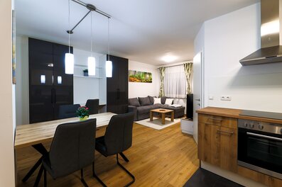 Bright open-plan living and dining area – 2-room apartment for short-term rental in Wels, 1–6 months