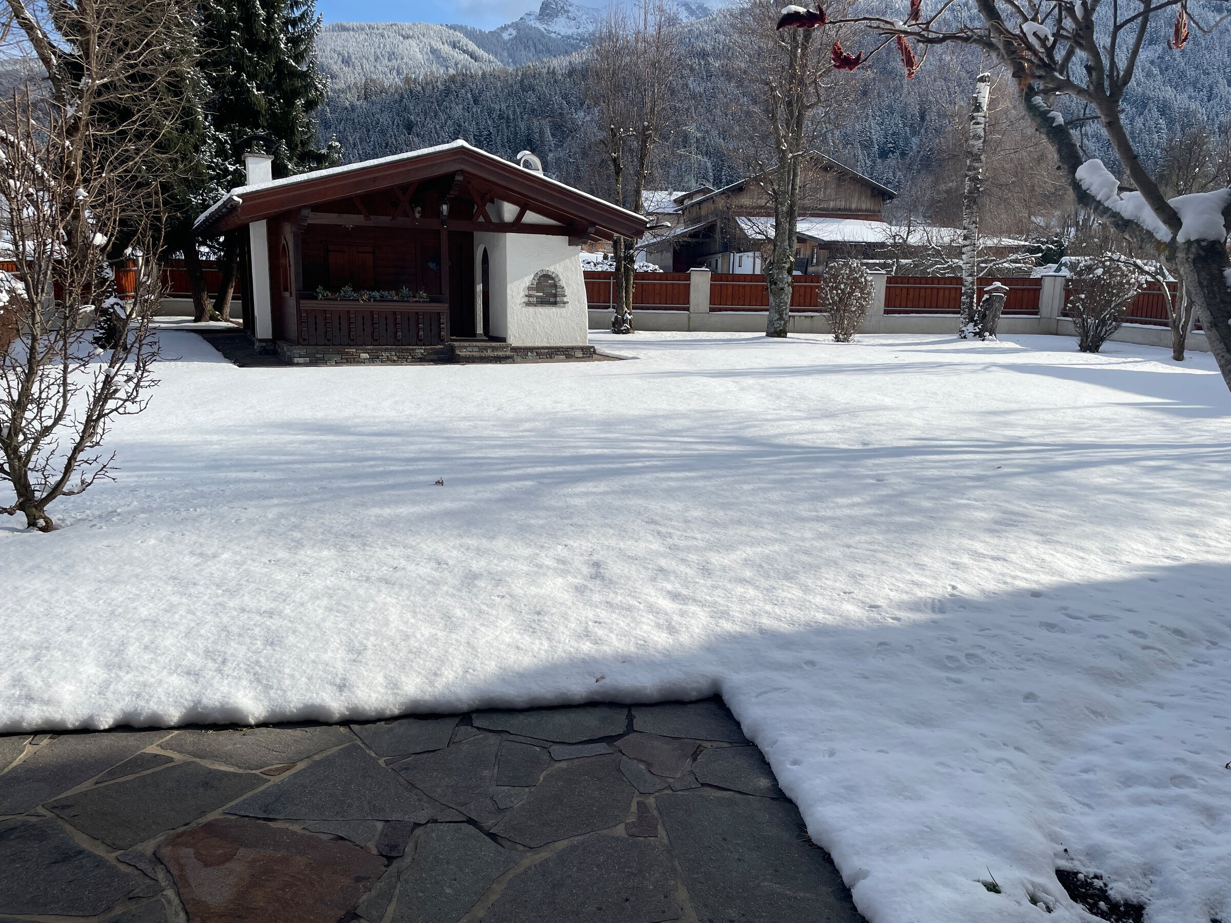 das ist der Blick vom Wohnzimmer/Terasse auf den Garten, der im Winter herrlich weiß verschneit ist und im Sommer wunderbar grünes Gras verspricht | © herbertzwoelfer