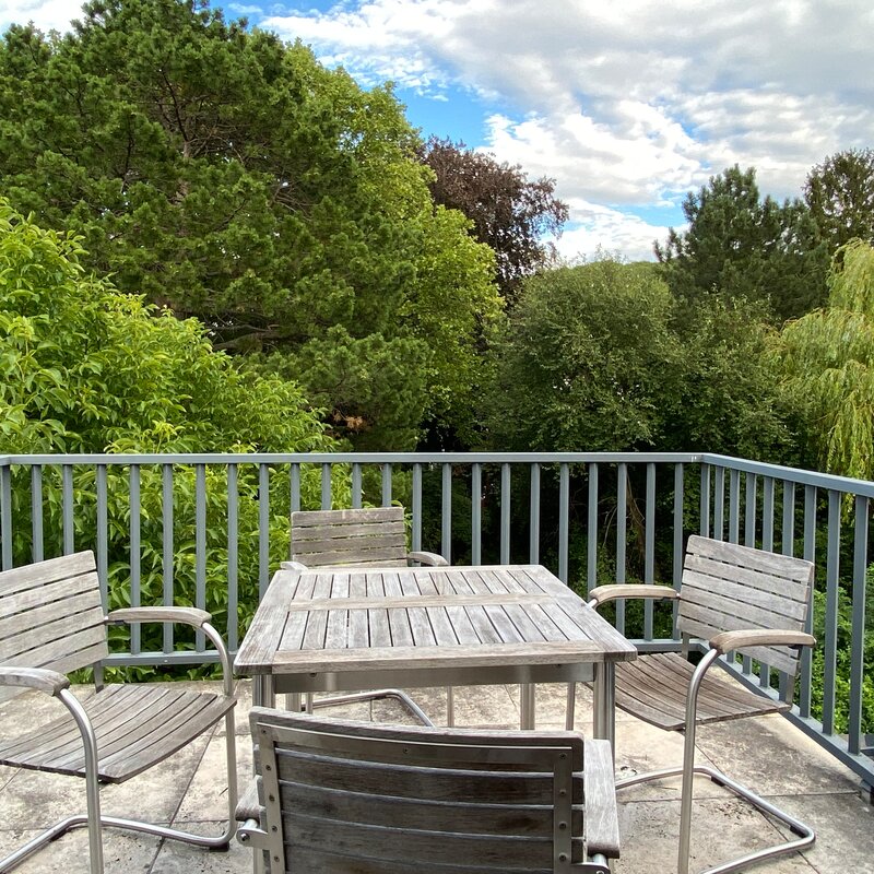Balkon mit Ausblick auf den Garten mit wunderschönem alten Baumbestand