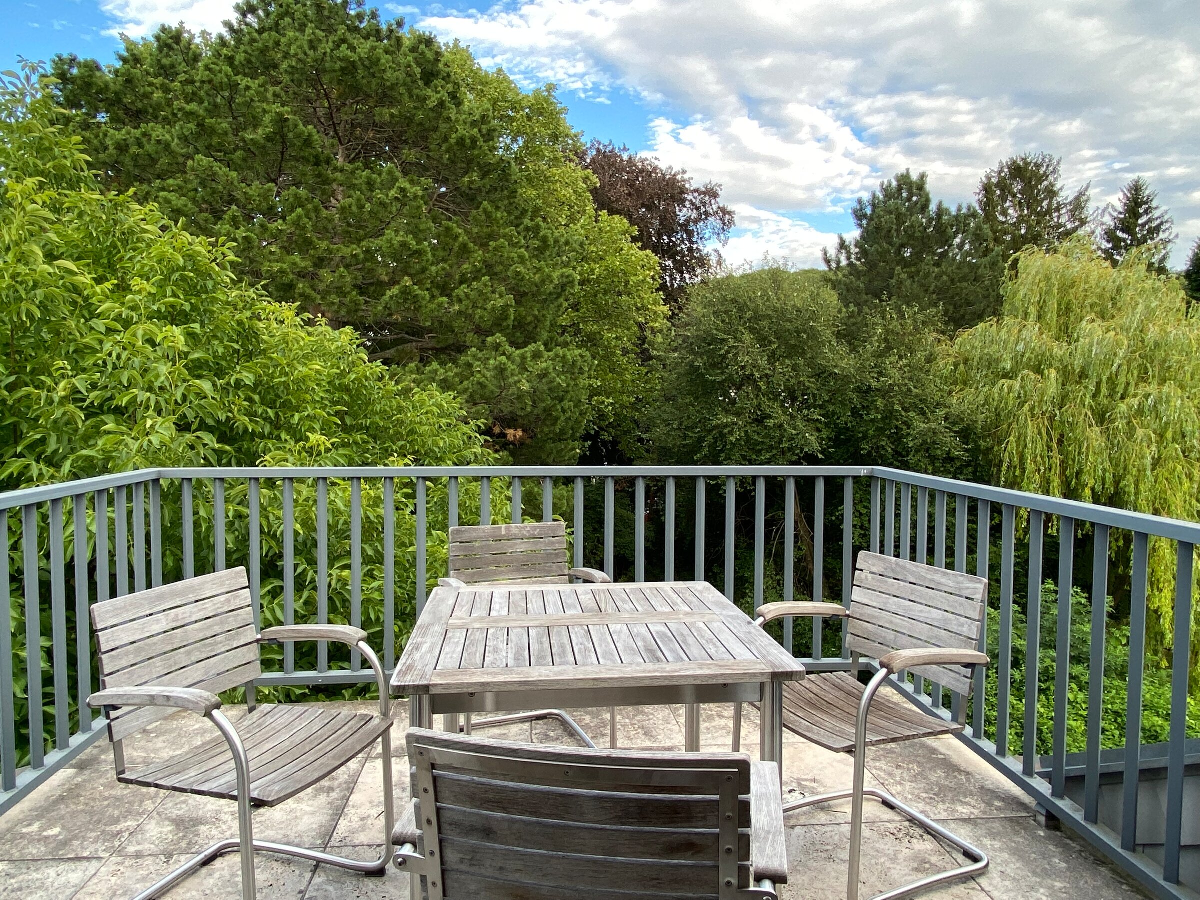 Balkon mit Ausblick auf den Garten mit wunderschönem alten Baumbestand