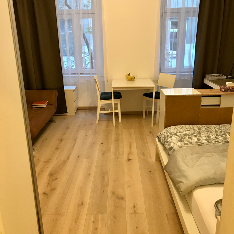 Bright room with dining table & wood floor – 1-room apartment, short-term rental, temporary housing for 1 to 6 months, Vienna | © Clemens Fontner