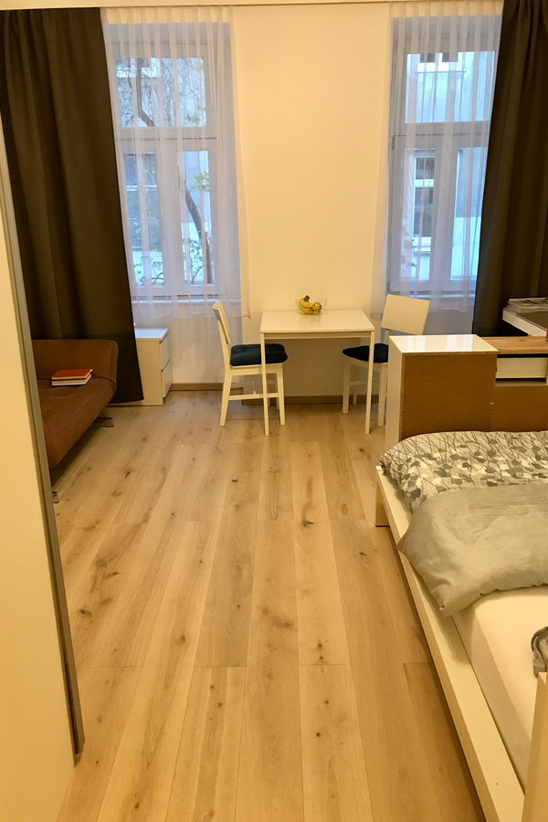 Bright room with dining table & wood floor – 1-room apartment, short-term rental, temporary housing for 1 to 6 months, Vienna | © Clemens Fontner