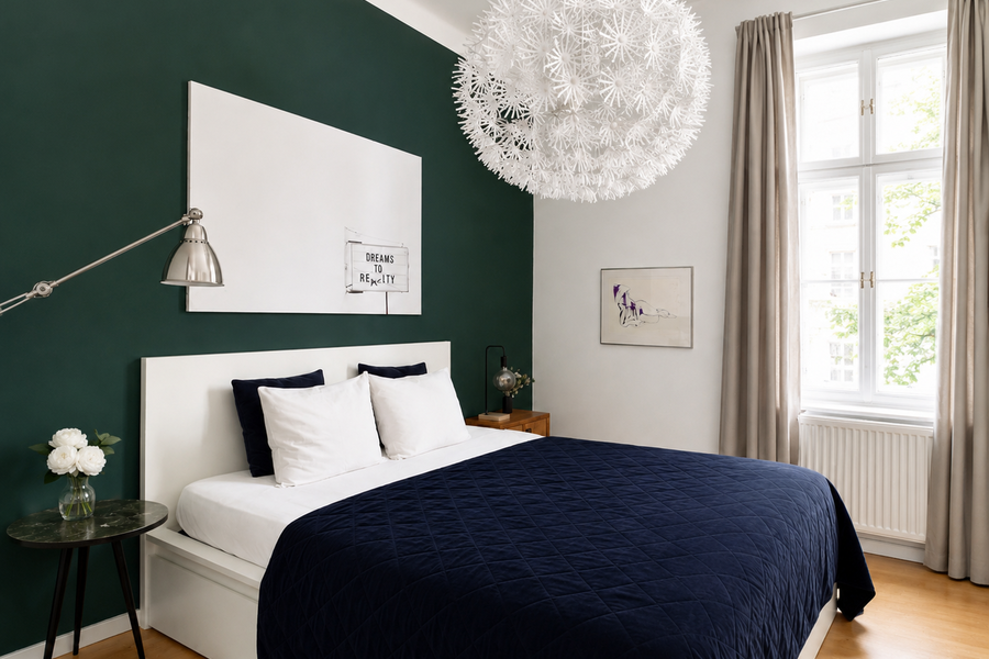 Elegantes Schlafzimmer mit dunkelgrüner Akzentwand – 2-Zimmer Wohnung, Kurzzeitmiete Wien, Wohnen auf Zeit 1 bis 6 Monate