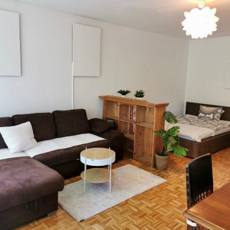 Wohnraum mit Doppelbett (140x200), Couch und Esstisch