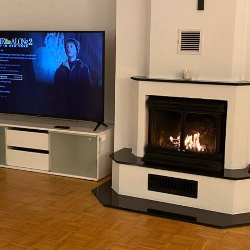 Wohzimmer mit Kamin und Fernseher