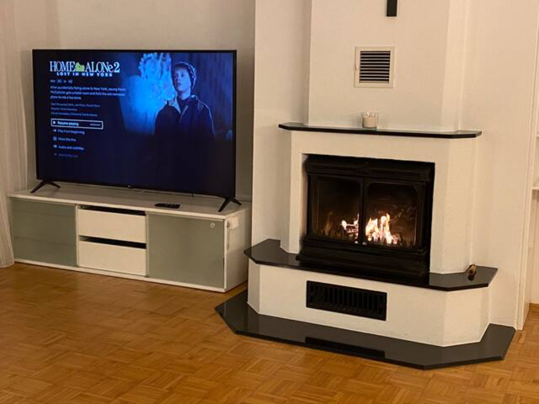 Wohzimmer mit Kamin und Fernseher