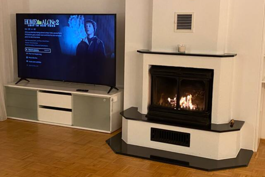 Wohzimmer mit Kamin und Fernseher