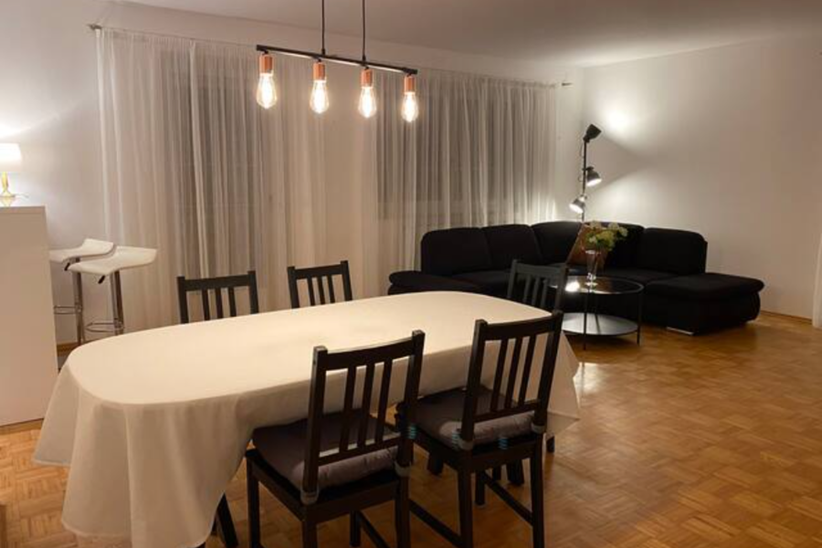 Wohnzimmer mit Esstisch und Ausziehcouch