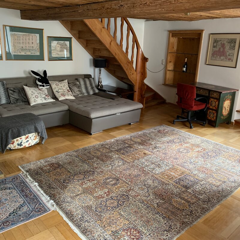 Großes Wohnzimmer, mit Schlafcouch, TV und Schreibtisch