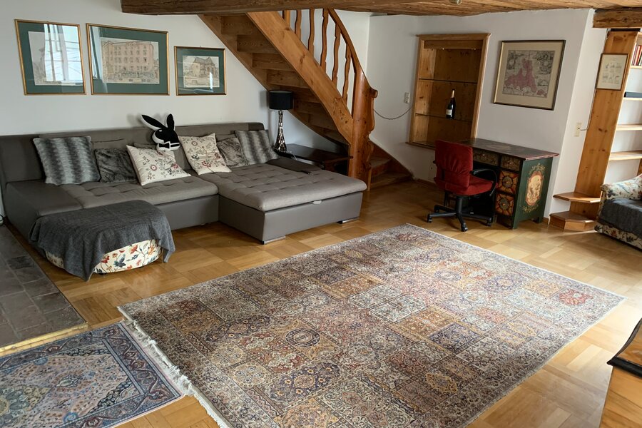 Großes Wohnzimmer, mit Schlafcouch, TV und Schreibtisch