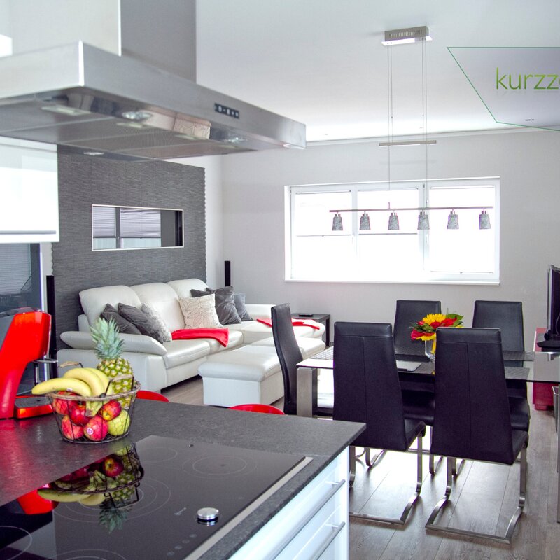 Open kitchen & living area, modern design: 2-room apartment for short-term rental & temporary housing, 1 to 6 months, Salzburg