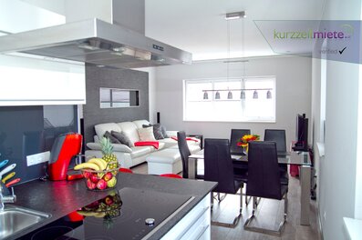 Open kitchen & living area, modern design: 2-room apartment for short-term rental & temporary housing, 1 to 6 months, Salzburg