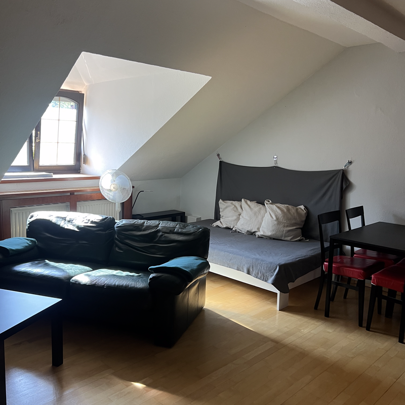 Bright living area with sloped ceiling, 2-room apartment for short-term rental – temporary housing for 1 to 6 months in Vienna