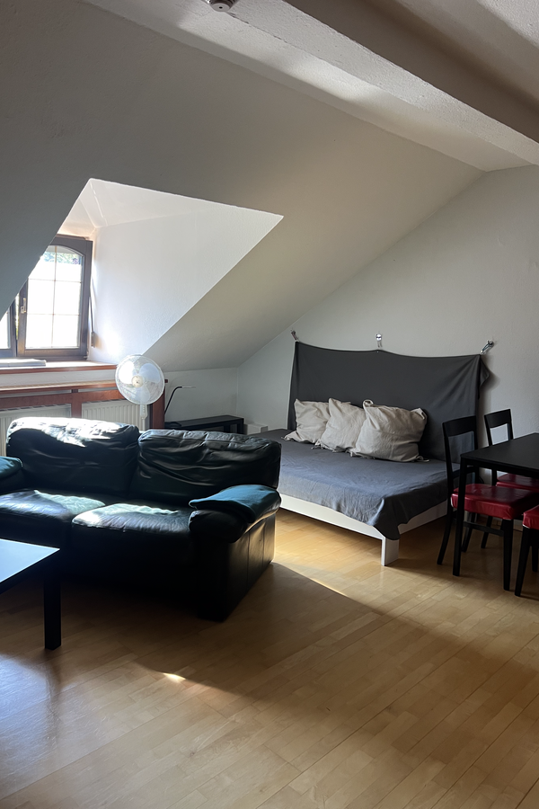 Bright living area with sloped ceiling, 2-room apartment for short-term rental – temporary housing for 1 to 6 months in Vienna