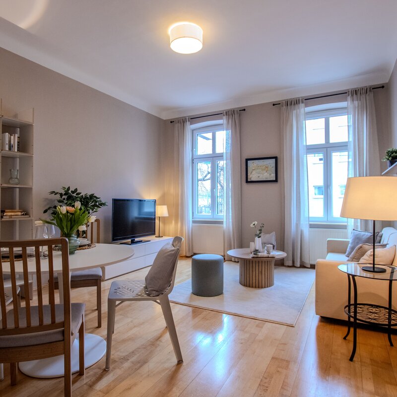 Bright living room, modern style – 2-room apartment for short-term rental & temporary housing for 1 to 6 months in Vienna