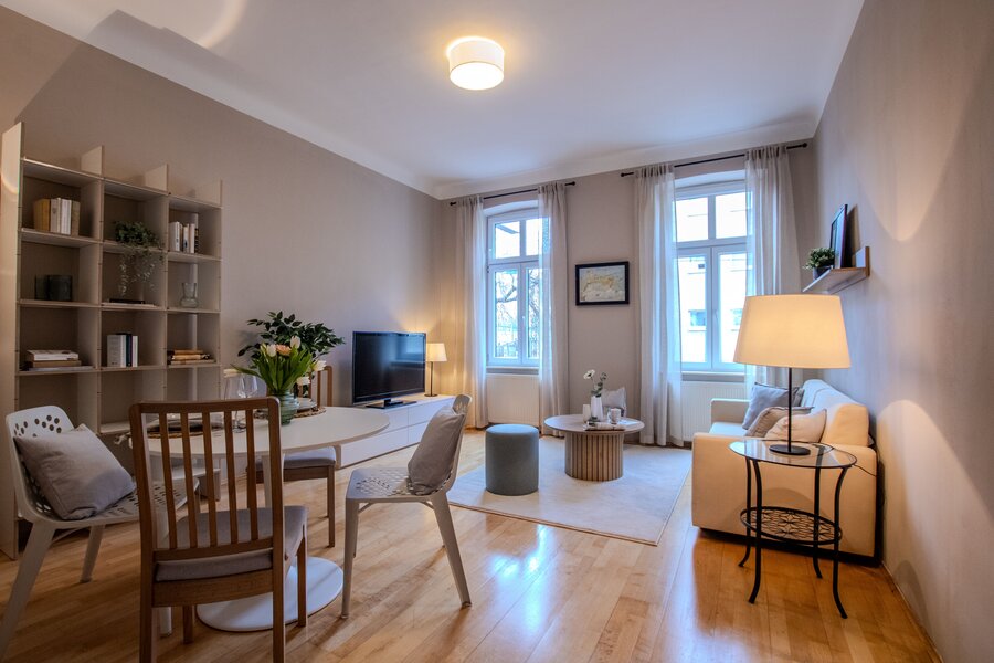 Bright living room, modern style – 2-room apartment for short-term rental & temporary housing for 1 to 6 months in Vienna