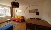 Living room with sofa bed and dining table