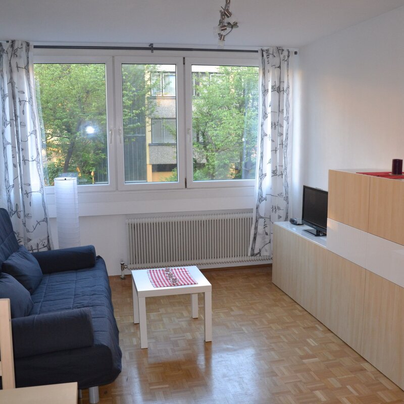 Bright living room with sofa & TV – 1-room apartment for short-term rental, temporary housing for 1 to 6 months in Salzburg