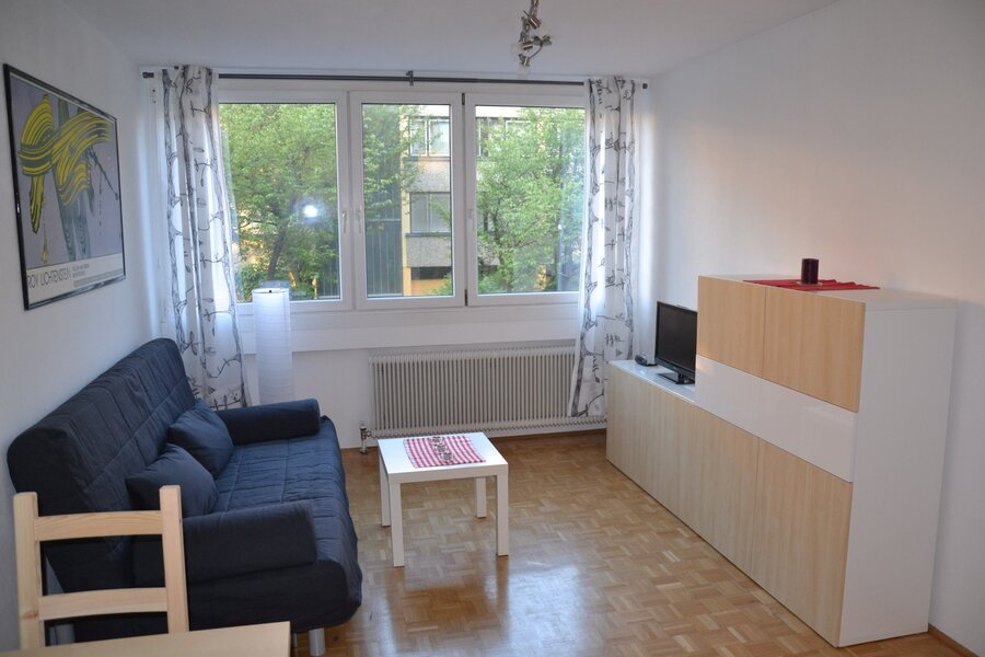 Bright living room with sofa & TV – 1-room apartment for short-term rental, temporary housing for 1 to 6 months in Salzburg