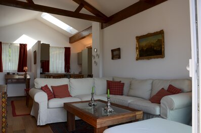 Bright living room with wooden beams: 3-room apartment, short-term rental & temporary housing for 1 to 6 months in Salzburg.