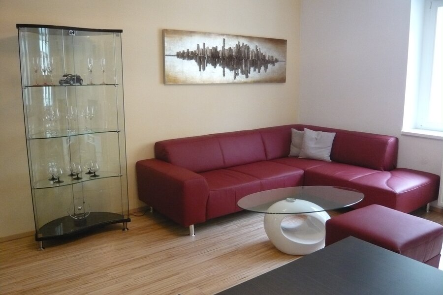 Living room with red leather sofa & glass cabinet – 2-room apt, short-term rental & temporary housing for 1 to 6 months in Vienna