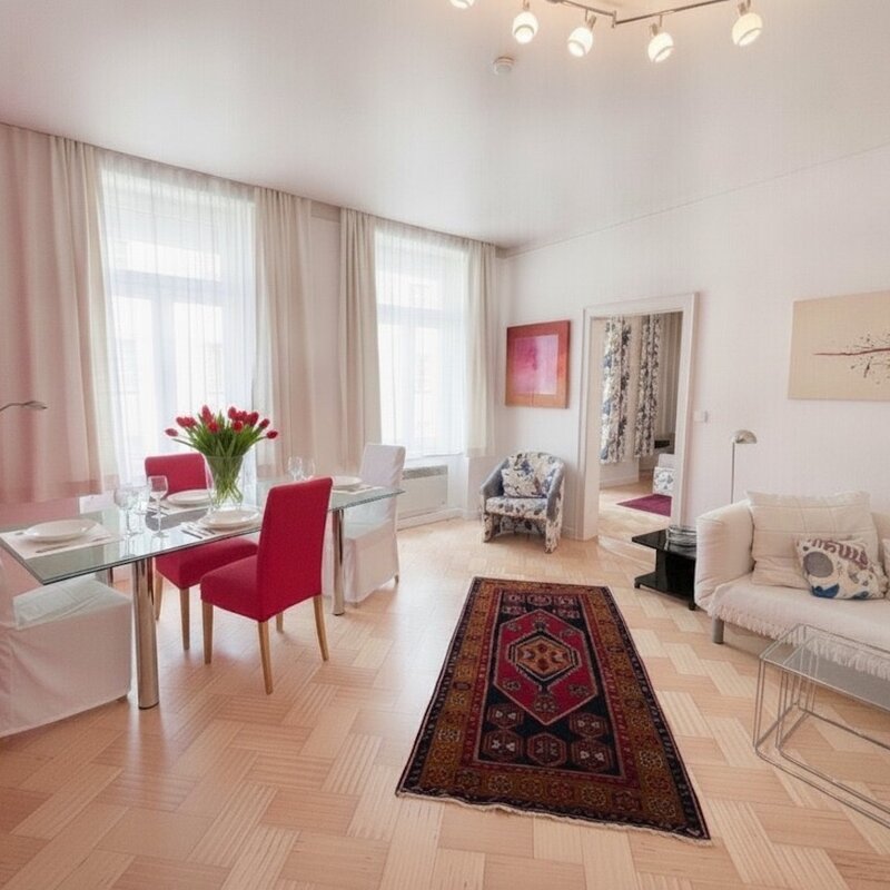 Bright living & dining area with parquet floor: 2-room apartment for short-term rental & temporary housing for 1 to 6 months in Vienna | © lausecker.co.at
