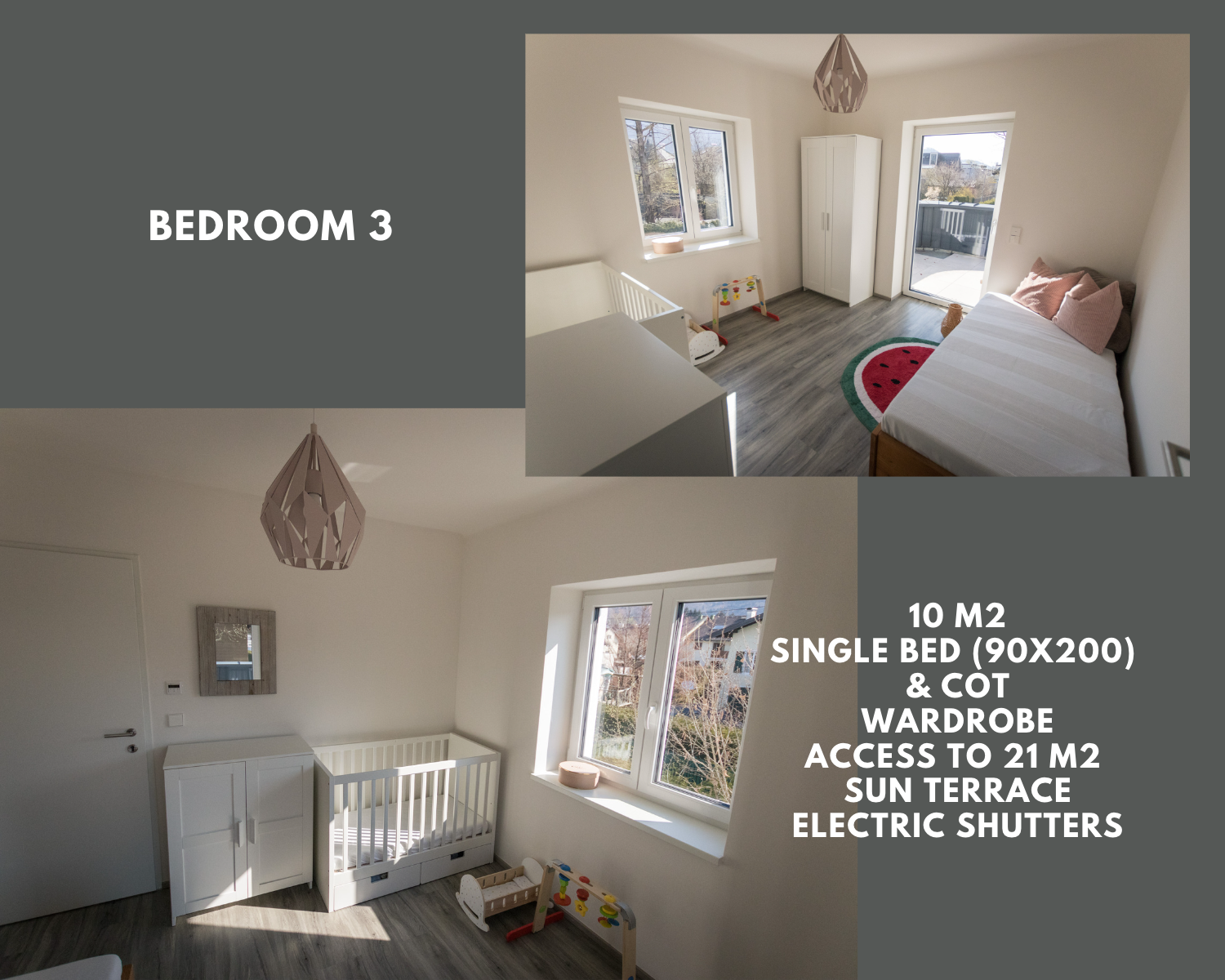 Schlafzimmer mit Einzelbett und Gitterbett/ 1. Stock