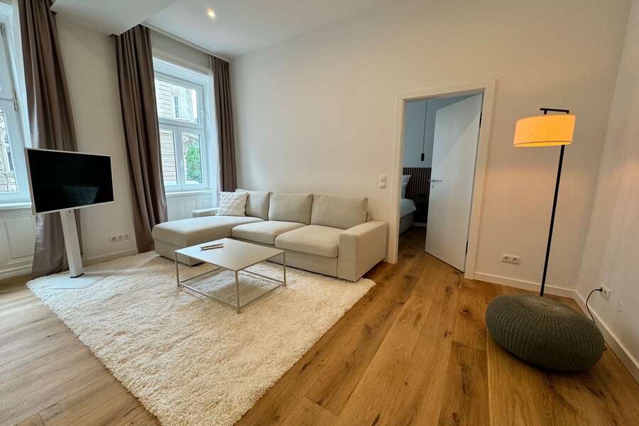 The living room features a comfortable pull-out couch, a modern flat-screen TV, and stylish lighting. The warm wooden floors and large windows create an inviting and cozy atmosphere.